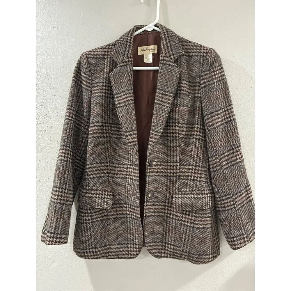 Aubergine cardigan womens career casual wool blend size 8 plaid checked coat